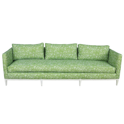 CUSTOM NARROW GREEN AND WHITE NEWLY UPHOLSTERED SOFA