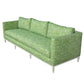 CUSTOM NARROW GREEN AND WHITE NEWLY UPHOLSTERED SOFA