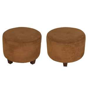 PAIR ROUND SUEDE CHOCOLATE BROWN OTTOMANS