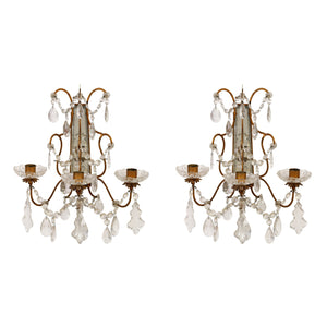 PAIR OF THREE ARM BRASS CANDLE SCONCES WITH CRYSTAL AND MIRROR BACKS