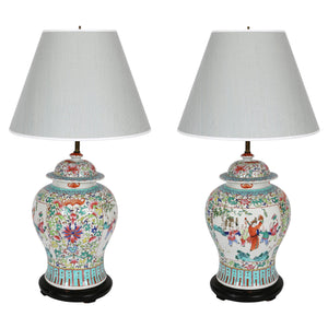 ROSE FAMILLE LARGE GINGER JAR LAMPS WITH WOOD BASES