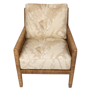 WOVEN RATTAN ARMCHAIR WITH CUSTOM MBD BEVERLY HILLS (PLANTAIN) FABRIC