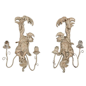 PAIR OF PAINTED WOOD MONKEY SCONCES