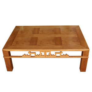 ASIAN STYLE COFFEE TABLE WITH PARQUETRY TOP AND CARVED APRON