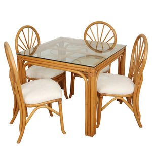 VINTAGE BAMBOO AND GLASS SQUARE DINING TABLE WITH FOUR DINING CHAIRS