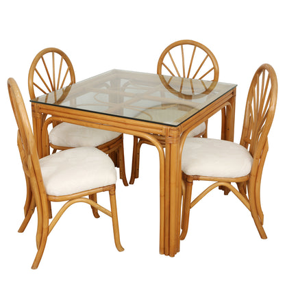 VINTAGE BAMBOO AND GLASS SQUARE DINING TABLE WITH FOUR DINING CHAIRS