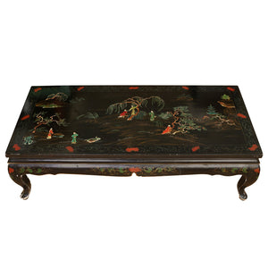 COLORFUL HANDPAINTED ASIAN EBONIZED LACQUERED COFFEE TABLE