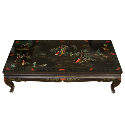 COLORFUL HANDPAINTED ASIAN EBONIZED LACQUERED COFFEE TABLE