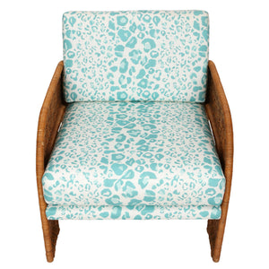 PAIR OF RATTAN WRAPPED CHAIRS IN NEWLY UPHOLSTERED TURQUOISE CHEETAH FABRIC