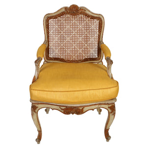 LOUIS XV CANED LATTICE ARM CHAIR NEWLY UPHOLSTERED IN YELLOW LINEN