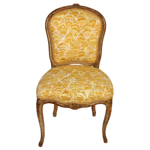 LOUIS XV SIDE CHAIR REUPHOLSTERED IN OCHRE MEG BRAFF COCKLESHELLS FABRIC