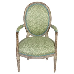 NEWLY REUPHOLSTERED OVAL BACK LOUIS XVI STYLE ARMCHAIR