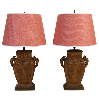 PAIR OF ASIAN URN FORM GILT TABLE LAMPS
