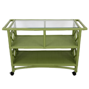 KIWI GREEN  BAR CART WITH GLASS TOP AND WOVEN SHELVES