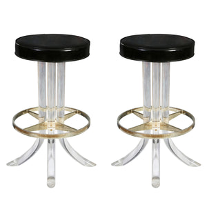 PAIR OF CHARLES HOLLIS STYLE SWIVEL STOOLS WITH LUCITE BASE AND PATENT LEATHER SEAT