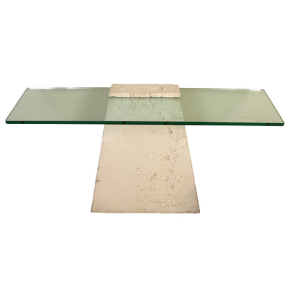 MID CENTURY BRUTALIST FAUX STONE AND GLASS TOP CONSOLE