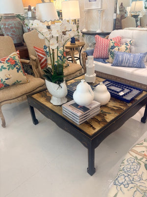 VINTAGE ASIAN COFFEE TABLE, BLACK LEGS WITH ORNATE GUILT PAINTED TOP