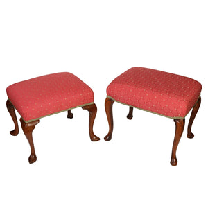 ALMOST PAIR OF QUEEN ANNE STYLE UPHOLSTERED MAHOGANY BENCHES