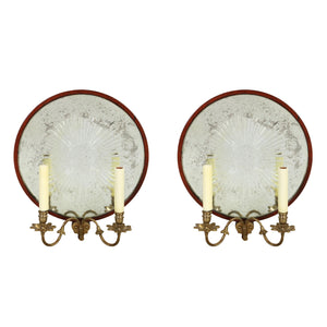 PAIR ANTIQUE STARBURST MIRROR  BACK TWO ARM SCONCES