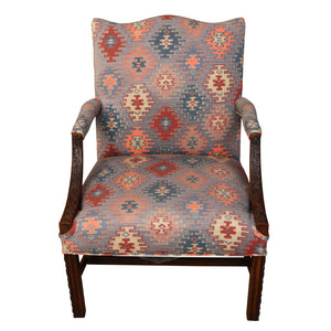 VINTAGE CARVED MAHOGANY LIBRARY CHAIR IN BLUE AND PINK IKAT