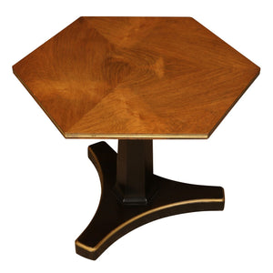 PAIR OF PETITE HEXAGONAL REGENCY EBONIZED SIDE TABLES WITH WALNUT TOPS