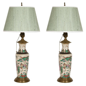 PAIR CHINESE PORCELAIN VASE LAMPS WITH BRASS DETAIL