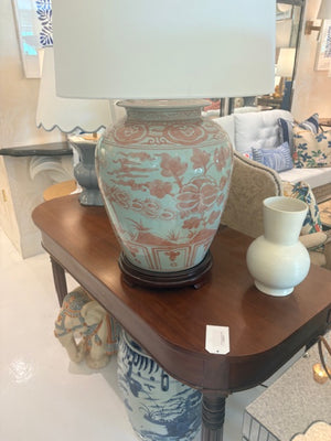 CORAL RED BARN JAR TABLE LAMP WITH BIRD