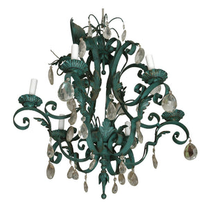 VERDIGRIS PAINTED TOLE AND IRON SCROLL ARM CHANDELIER WITH CRYSTALS