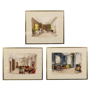 SET OF THREE PARISH-HADLEY ORIGINAL WATERCOLOR ROOM RENDERINGS C. 1980