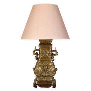 LARGE ANTIQUE BRONZE ASIAN LAMP WITH RAISED DETAIL