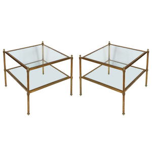 PAIR OF MID CENTURY TWO TIER BRASS AND GLASS SQUARE SIDE TABLES