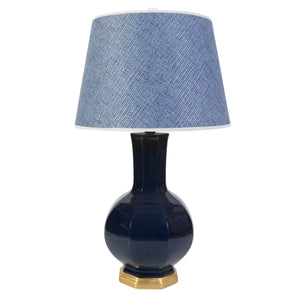GLAZED BLUE CERAMIC HEXAGONAL LAMP ON GILT BASE