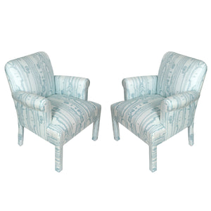PAIR OF BLUE QUADRILLE FAUX BOIS DONGHIA STYLE ARMCHAIRS