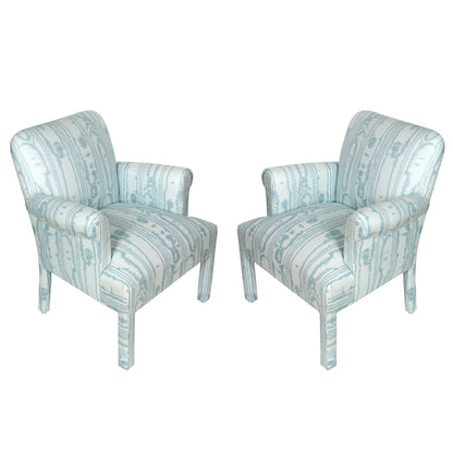 PAIR OF BLUE QUADRILLE FAUX BOIS DONGHIA STYLE ARMCHAIRS