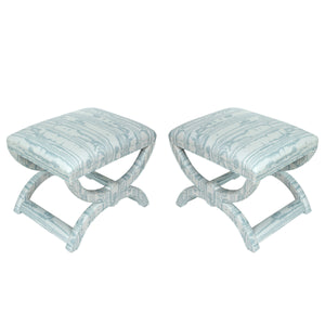 PAIR OF UPHOLSTERED BLUE QUADRILLE CURULE BENCHES