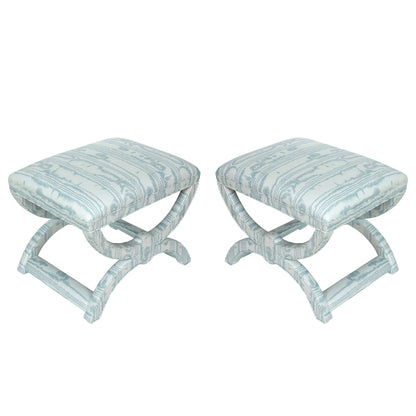 PAIR OF UPHOLSTERED BLUE QUADRILLE CURULE BENCHES