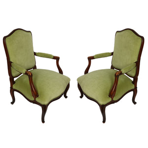 PAIR OF GREEN VELVET & TAFFETA LOUIS XV STYLE CHAIRS