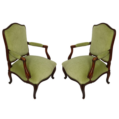PAIR OF GREEN VELVET & TAFFETA LOUIS XV STYLE CHAIRS