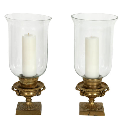 PAIR OF BRASS CANDLE HOLDERS WITH GLASS HURRICANE