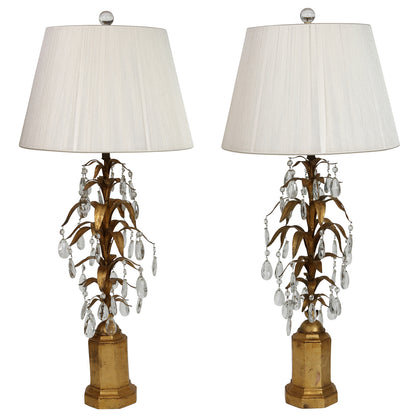 PAIR OF ITALIAN TOLE LAMPS WITH GILT LEAVES AND CRYSTALS