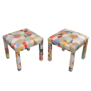 PAIR OF NEWLY UPHOLSTERED MULTICOLOR STRIE PATCHWORK BENCHES