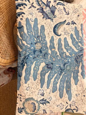 QUADRILLE LUMBAR PILLOW, SHADES OF BLUES ON WHITE.