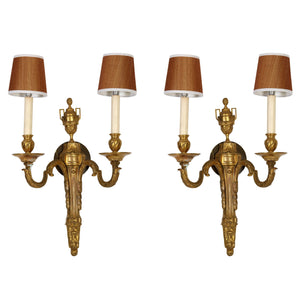 PAIR OF GILT BRONZE DOUBLE ARM LOUIS XVI STYLE SCONCES