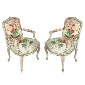 PAIR OF LOUIS XV PAINTED ARM CHAIRS NEWLY UPHOLSTERED IN LEE JOFA FLORAL FABRIC