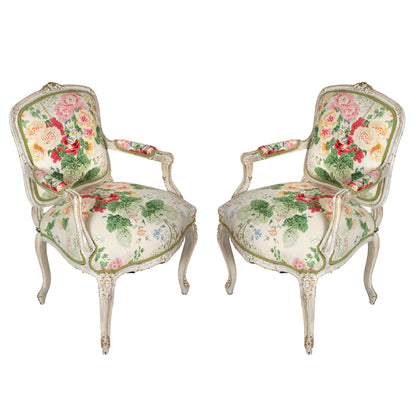 PAIR OF LOUIS XV PAINTED ARM CHAIRS NEWLY UPHOLSTERED IN LEE JOFA FLORAL FABRIC