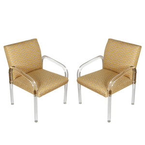 PAIR OF PACE LUCITE CHAIRS WITH OCHRE & FRENCH BLUE UPHOLSTERY