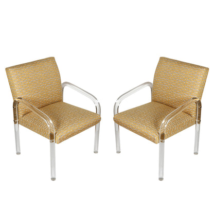 PAIR OF PACE LUCITE CHAIRS WITH OCHRE & FRENCH BLUE UPHOLSTERY