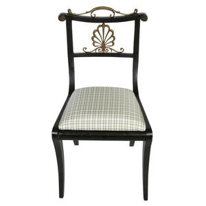 SET OF FOUR REGENCY STYLE EBONY SIDE CHAIRS WITH NEWLY UPHOLSTERED SILK CHECK CUSHIONS