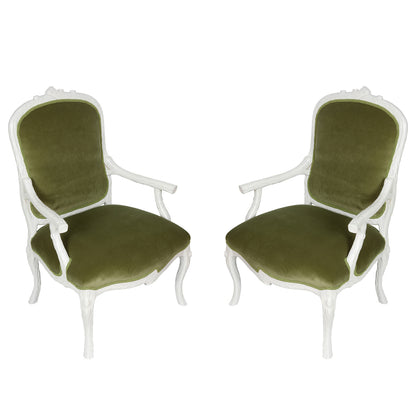PAIR OF WHITE FAUX BOIS ARMCHAIRS WITH GREEN UPHOLSTERY