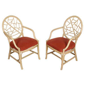 PAIR  VINTAGE MCGUIRE STYLE BAMBOO CHAIRS WITH NEW CORAL CHENILLE CUSHIONS
